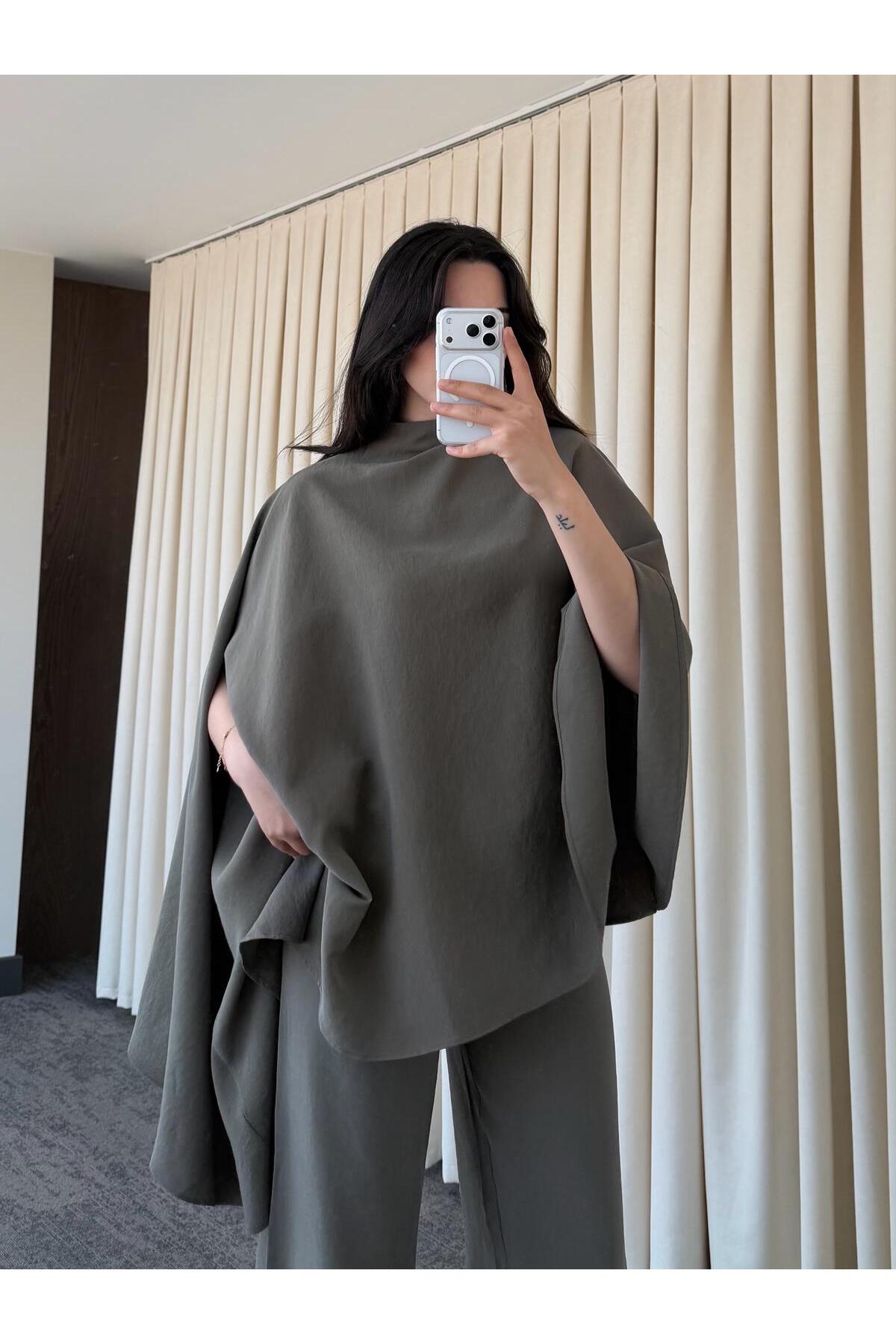Asymmetric wide sleeve top with wide leg trouser co-ord set