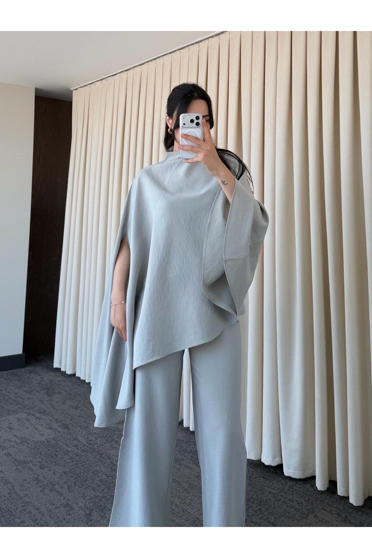 Asymmetric wide sleeve top with wide leg trouser co-ord set