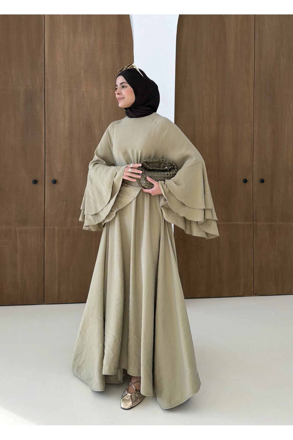 Layered sleeve maxi belted dress ( unlined )