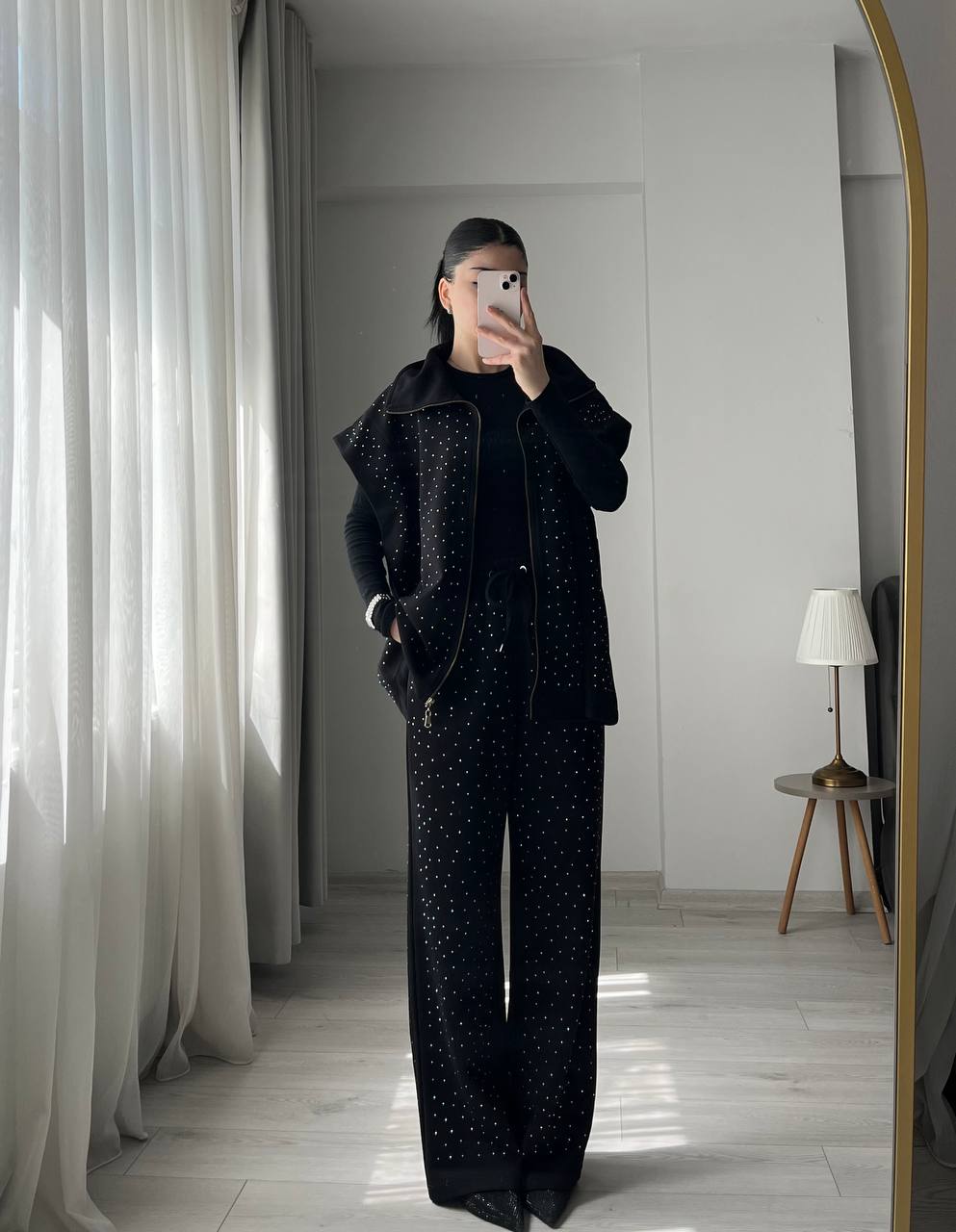 Cotton Set with a Sleeveless Design, Fully Embellished with Rhinestones - black