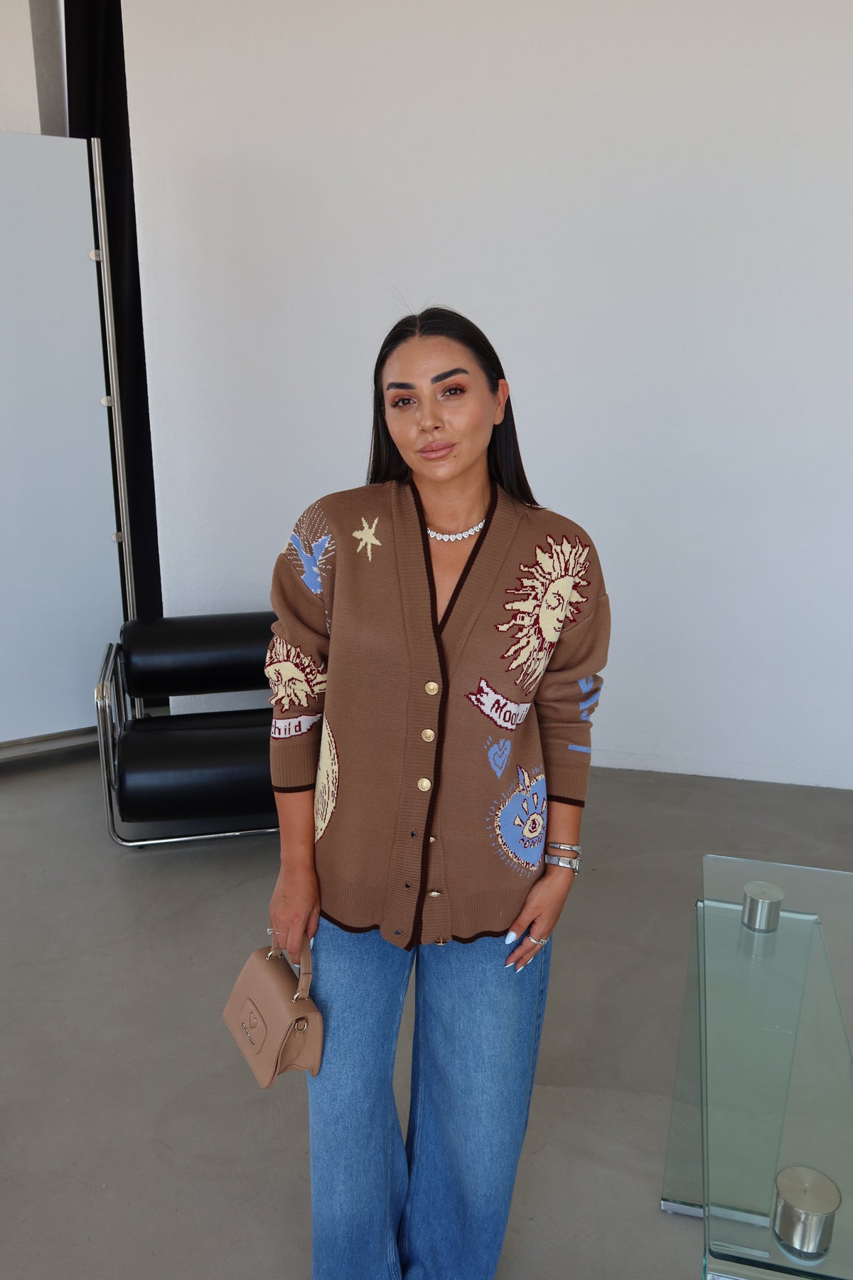 Graphic Button-Up Cardigan - Mocha brown