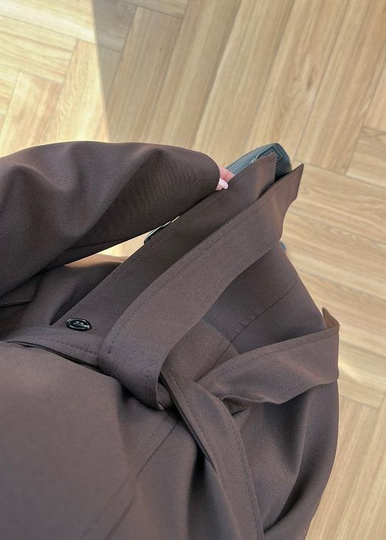 Gabardine fabric high collar Belted trenchcoat - brown
