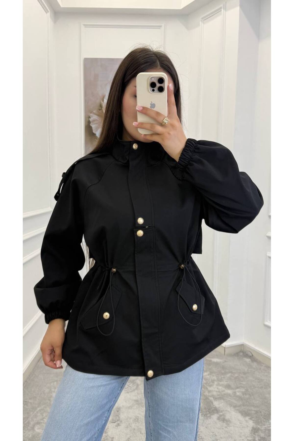Drawstring gold buttons Waist Utility Jacket - black