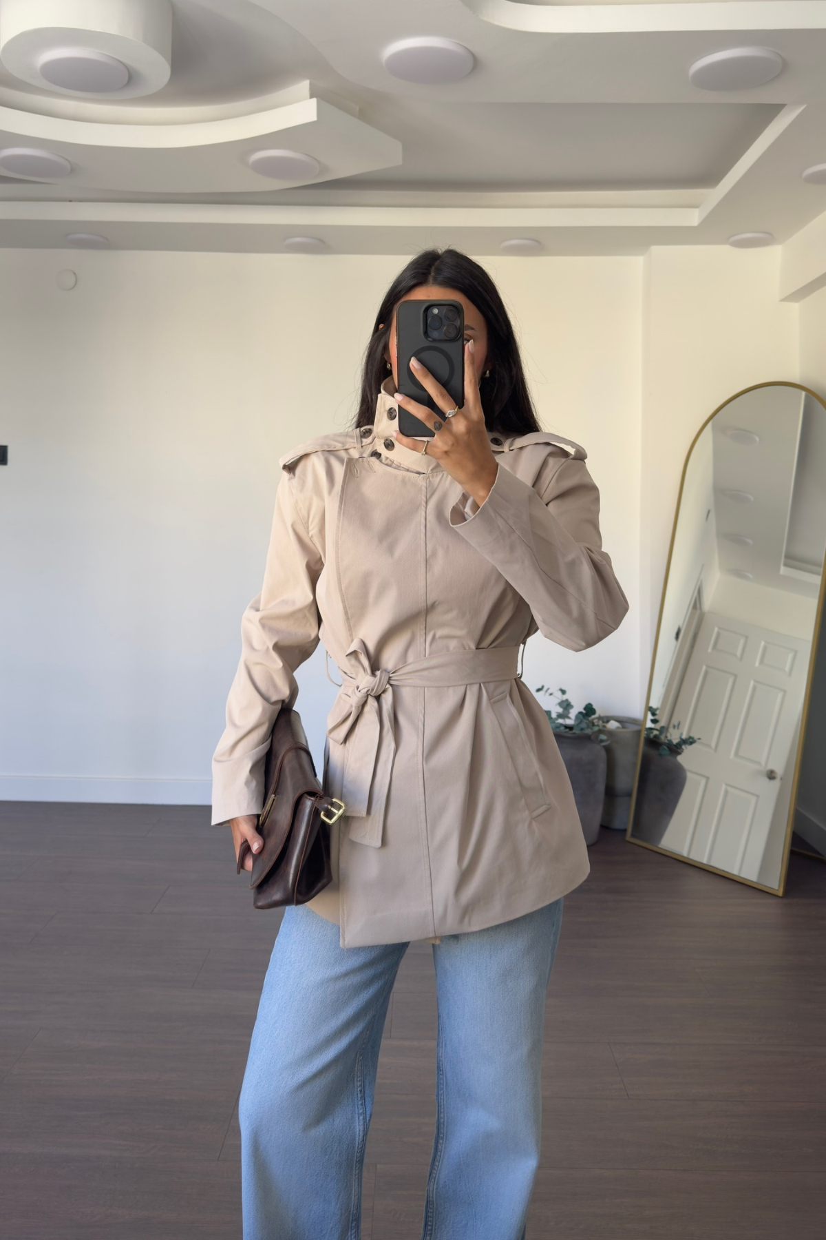 Gabardine fabric high collar Belted trenchcoat - khaki