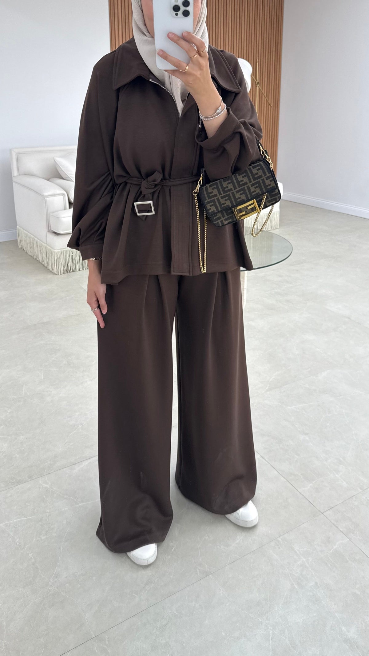 Oversized belted jacket with wide leg trouser oysho fabric tracksuit - brown