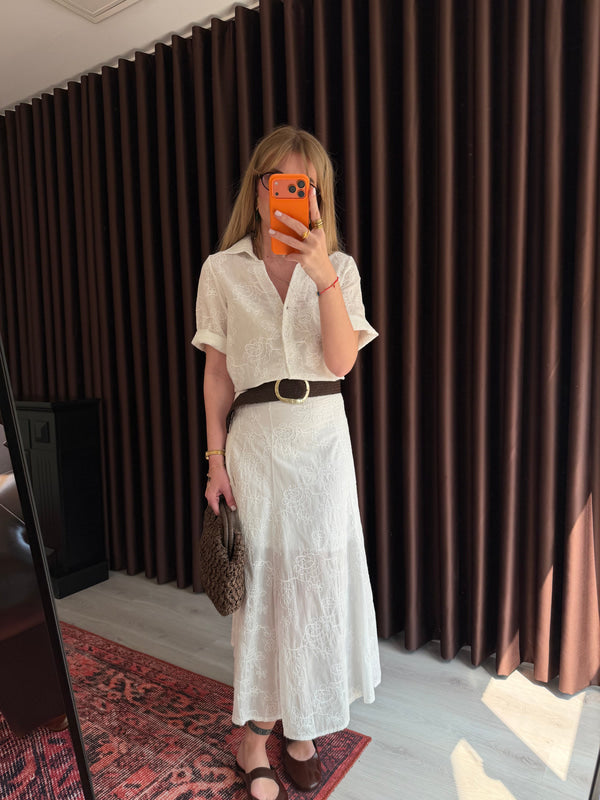 White Textured Shirt & Midi Skirt Set