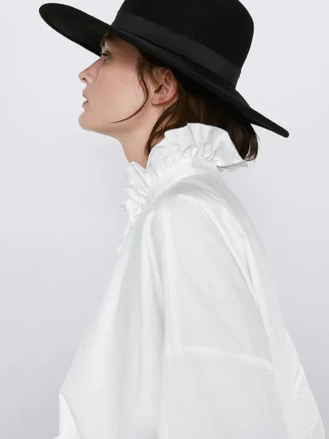 Zara Elegant Ruffle-Trim Oversized White Shirt