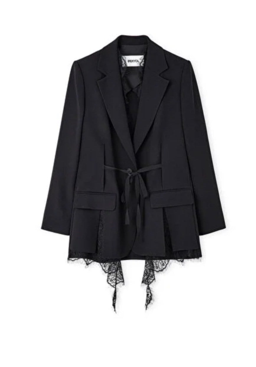 Lace-trimmed Black Premium blazer with belt