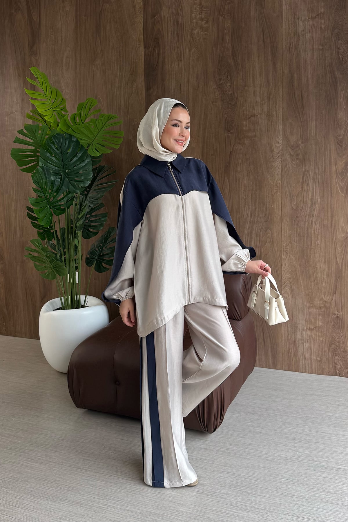 Contrast premium tencel set- navy blue