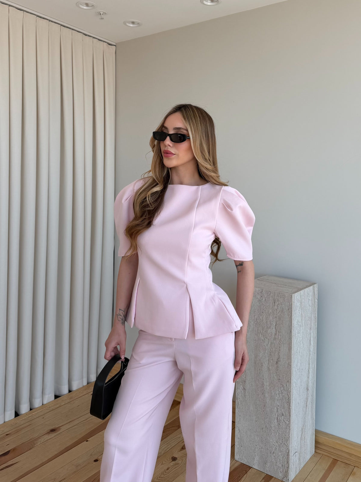 Pink Mateo Balloon Sleeve Blouse and Pants Set