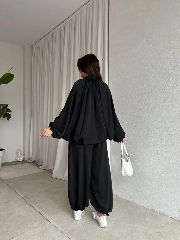 oversized satin bomber, waistband balloon leg trouser with strap co-ord set