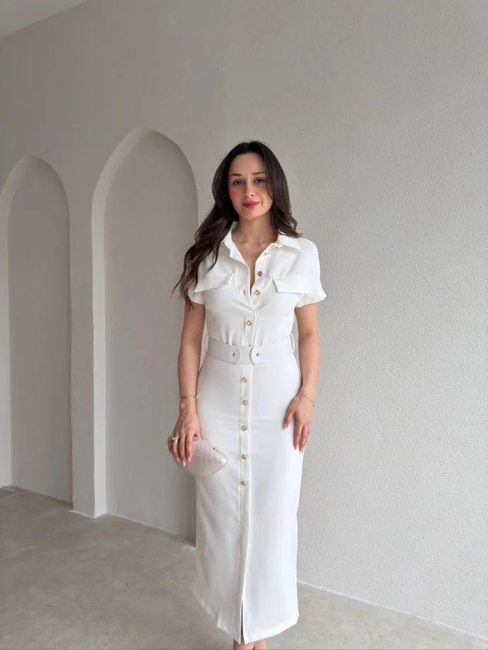 Gold button lap-neck belted midi dress