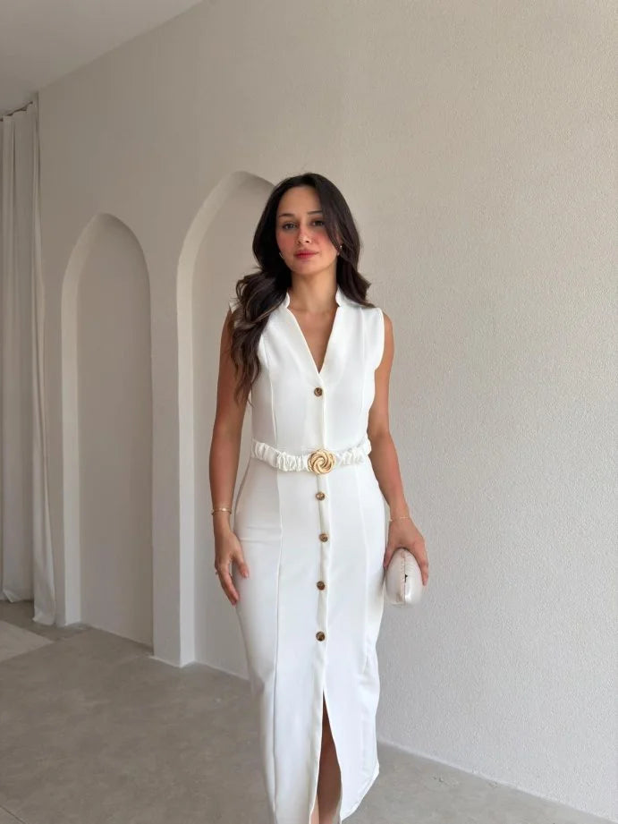 Gold buttons Belted dress