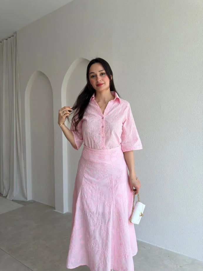 Blush Pink Textured Shirt & Midi Skirt Set