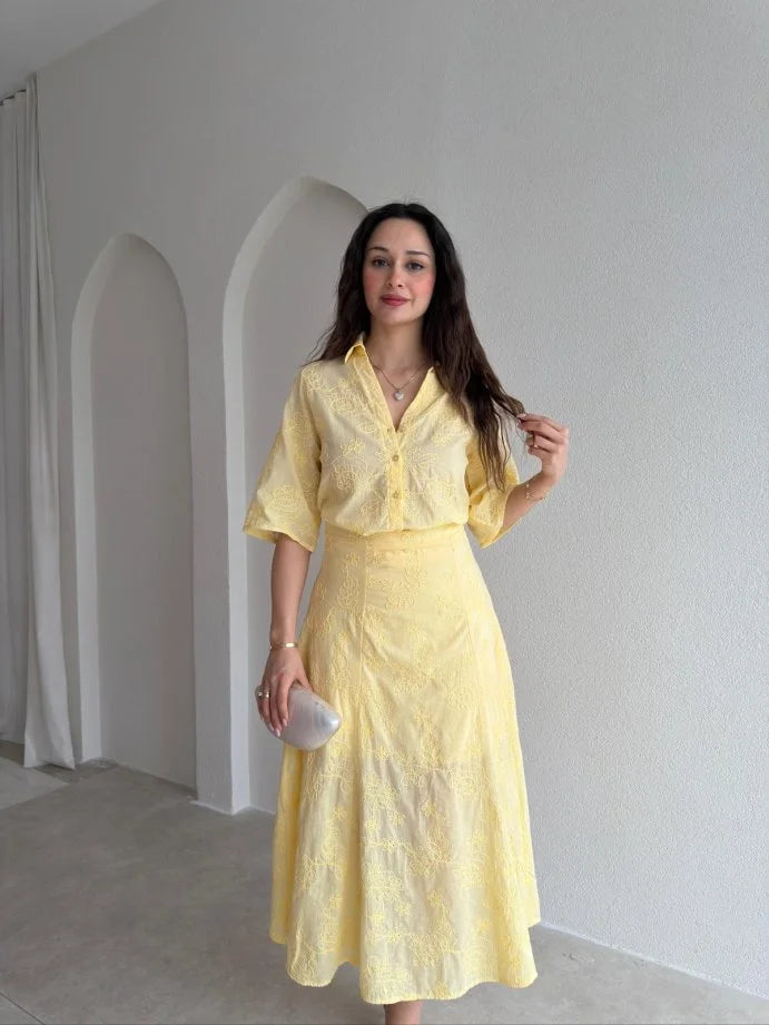 Yellow Textured Shirt & Midi Skirt Set