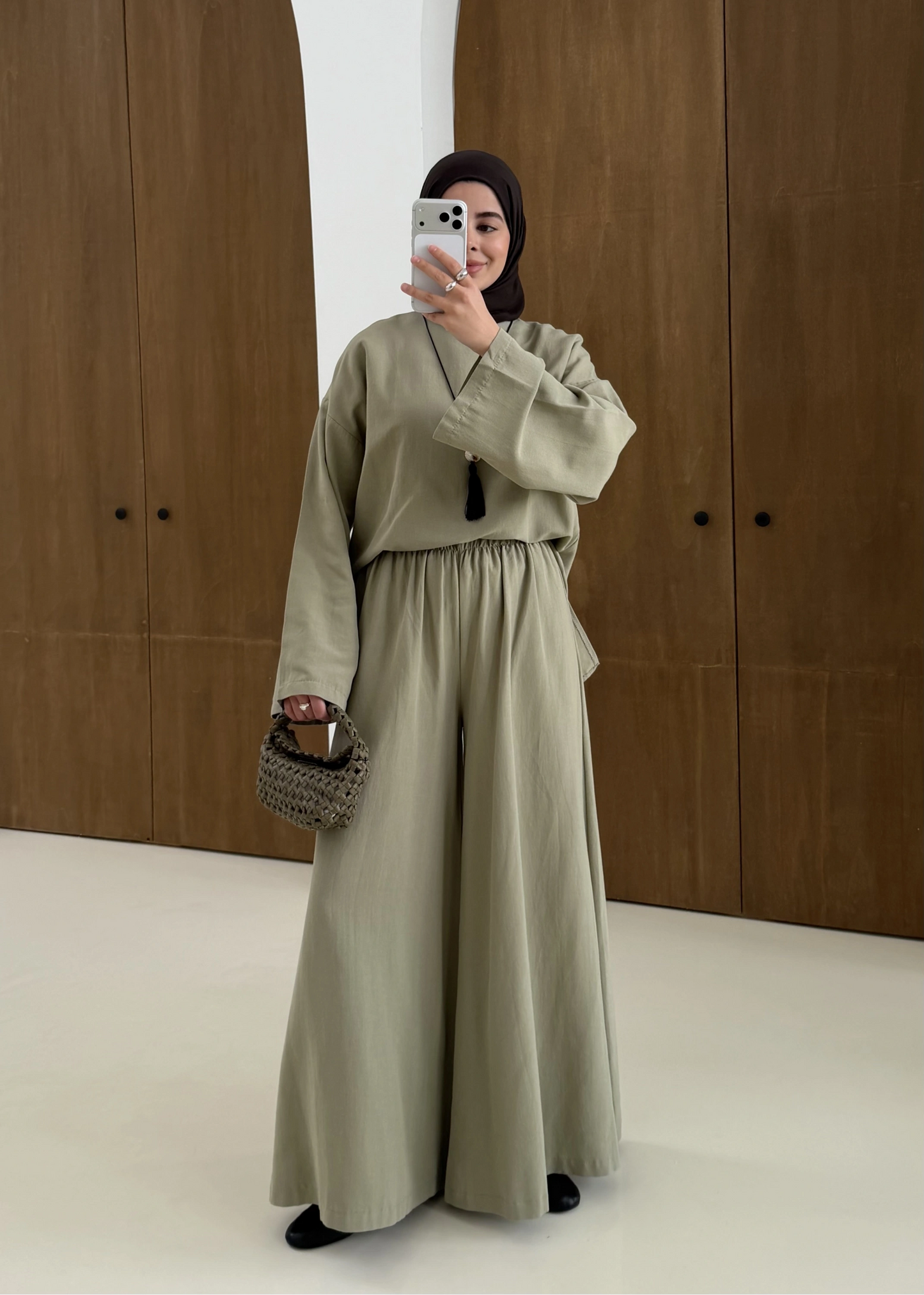 Linen Wide-Leg Blouse Set in Light Green
