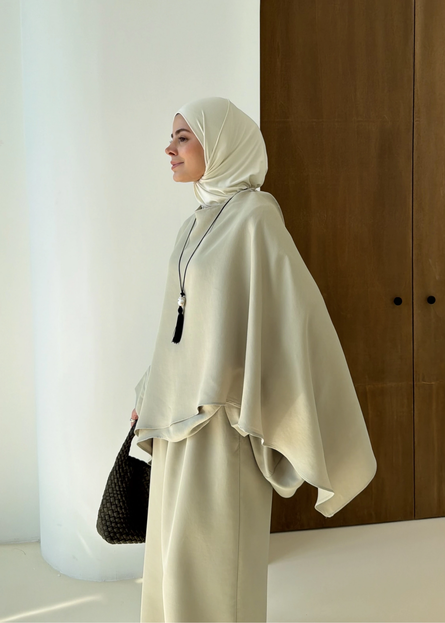 Sonia Ecru Cape Blouse and Pants Set - light olive green