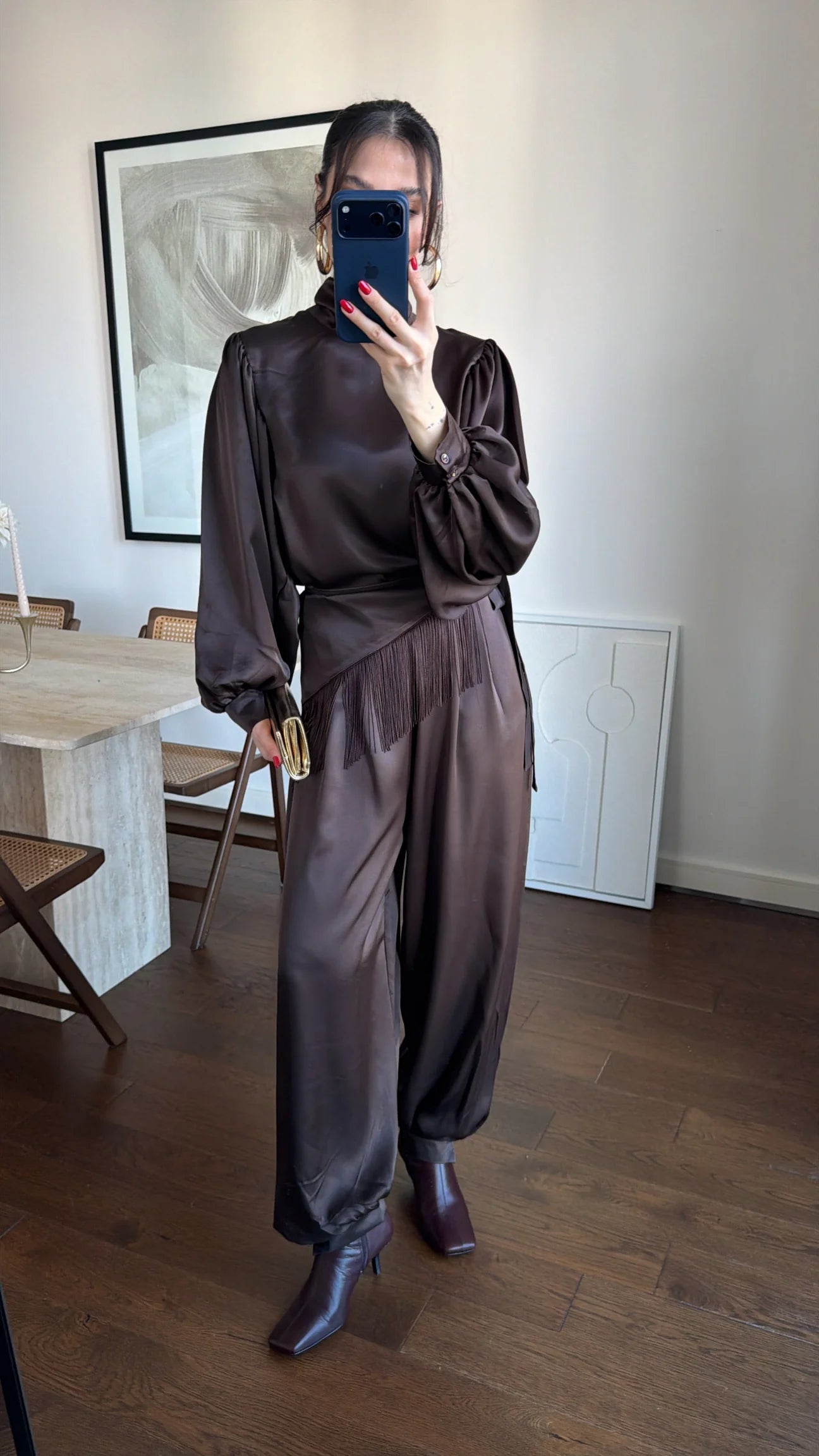 TIE-UP SATIN BLOUSE AND BELT-STYLE HARLING PANTS SET