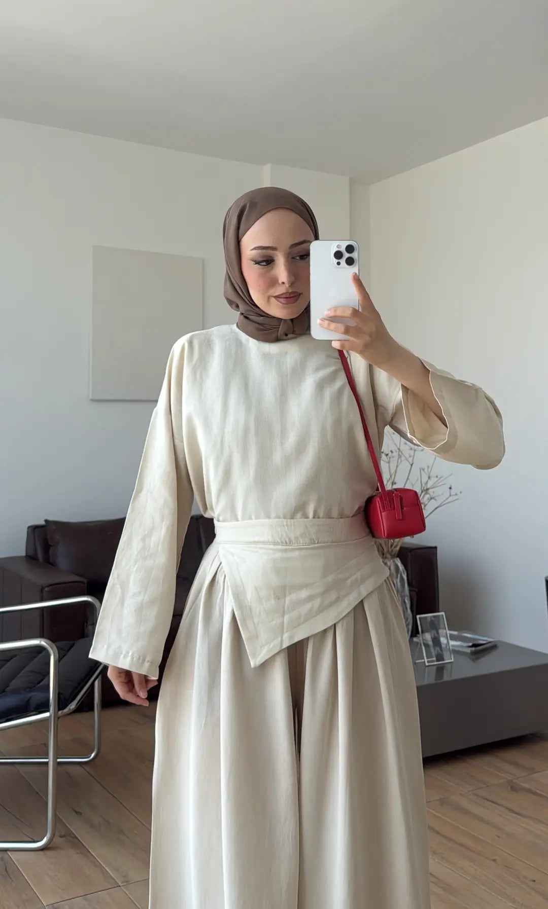 Wide sleeve blouse, Wide-leg trouser with Asymmetric attached Linen Suit