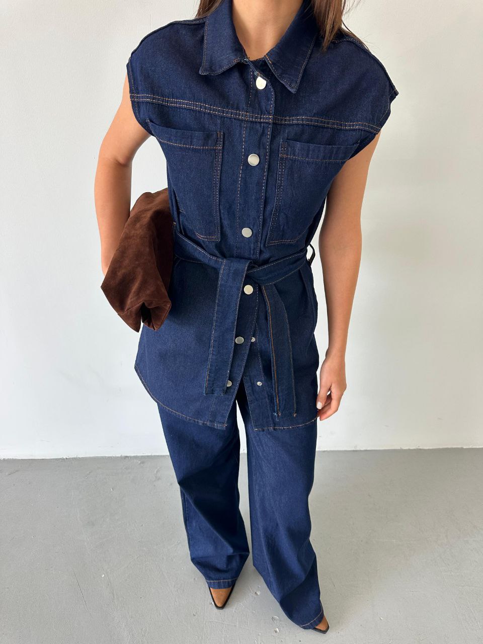 Belted Vest,Waistband trouser jeans co-ord set