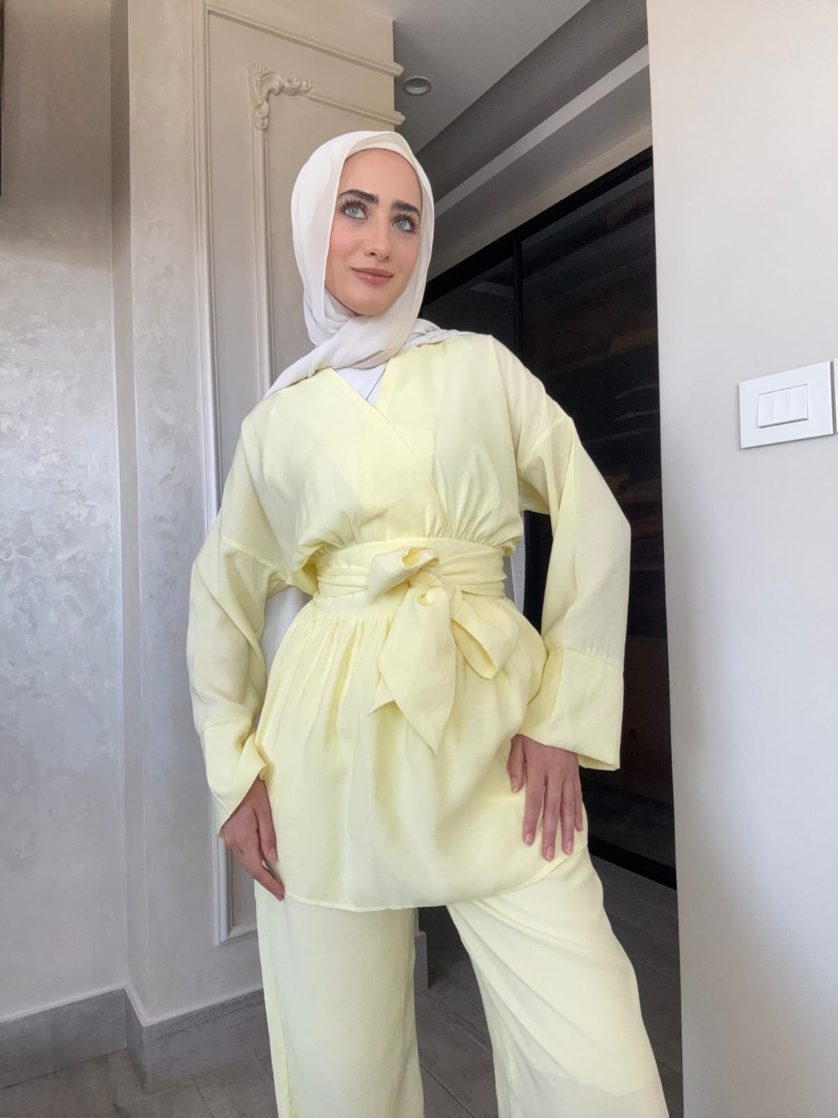 Blouse with tie belt, straight trouser co-ord set