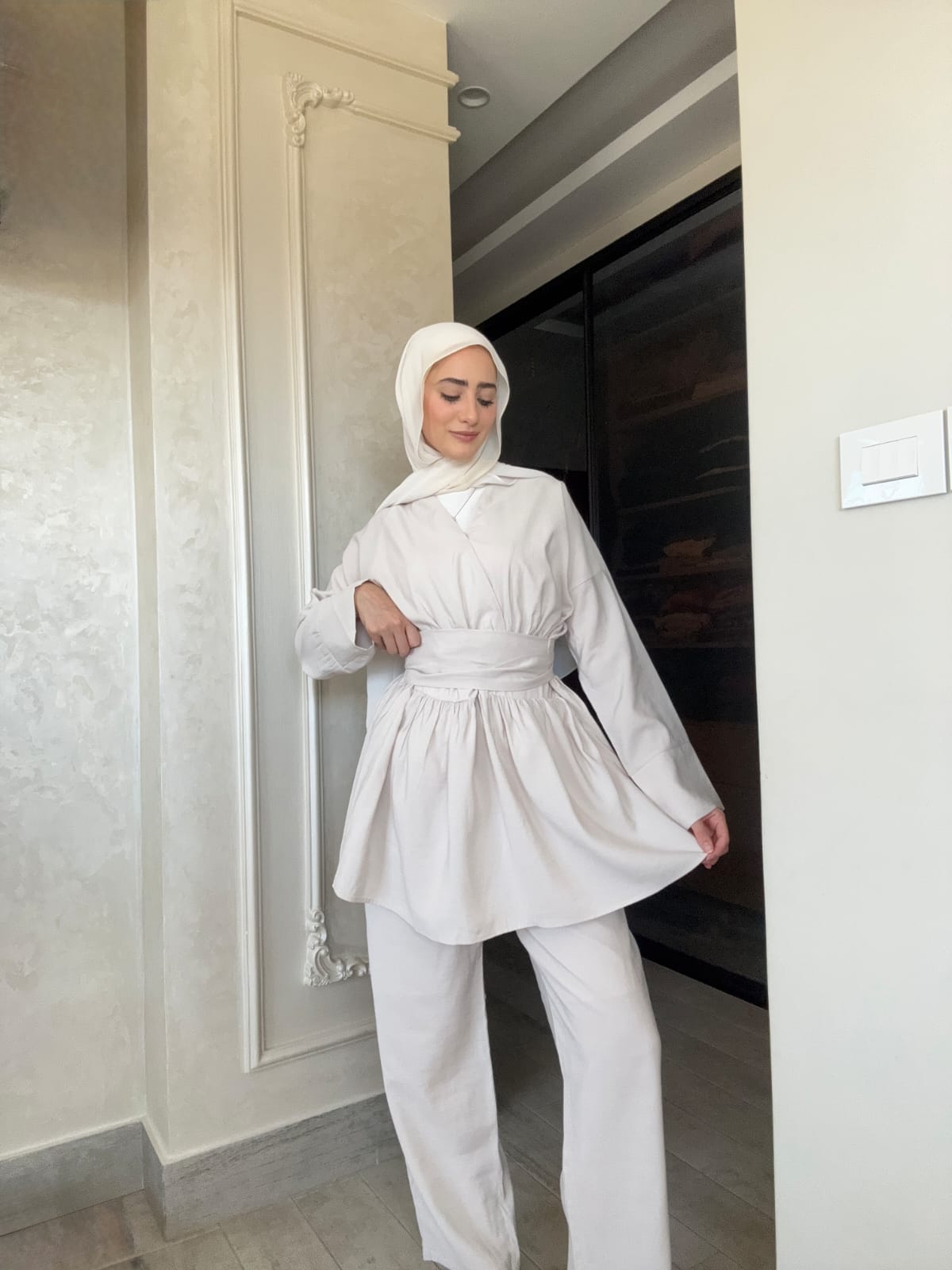 Blouse with tie belt, straight trouser co-ord set