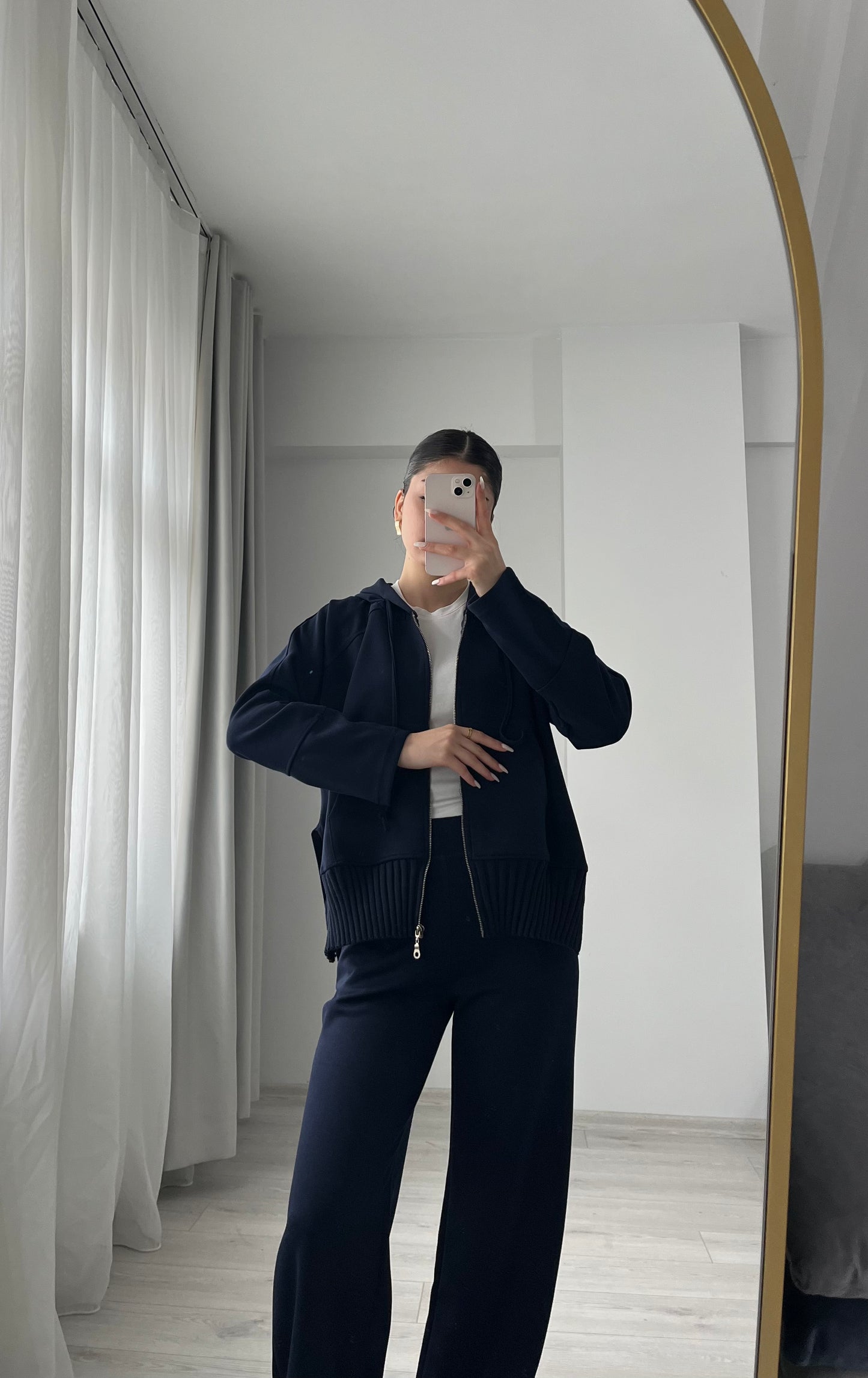 modal fabric hooded zipper jacket with knitted details - navy blue