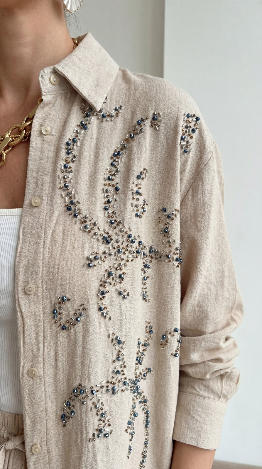 Beige Embellished with sewn rhinestones Relaxed Co-Ord Set