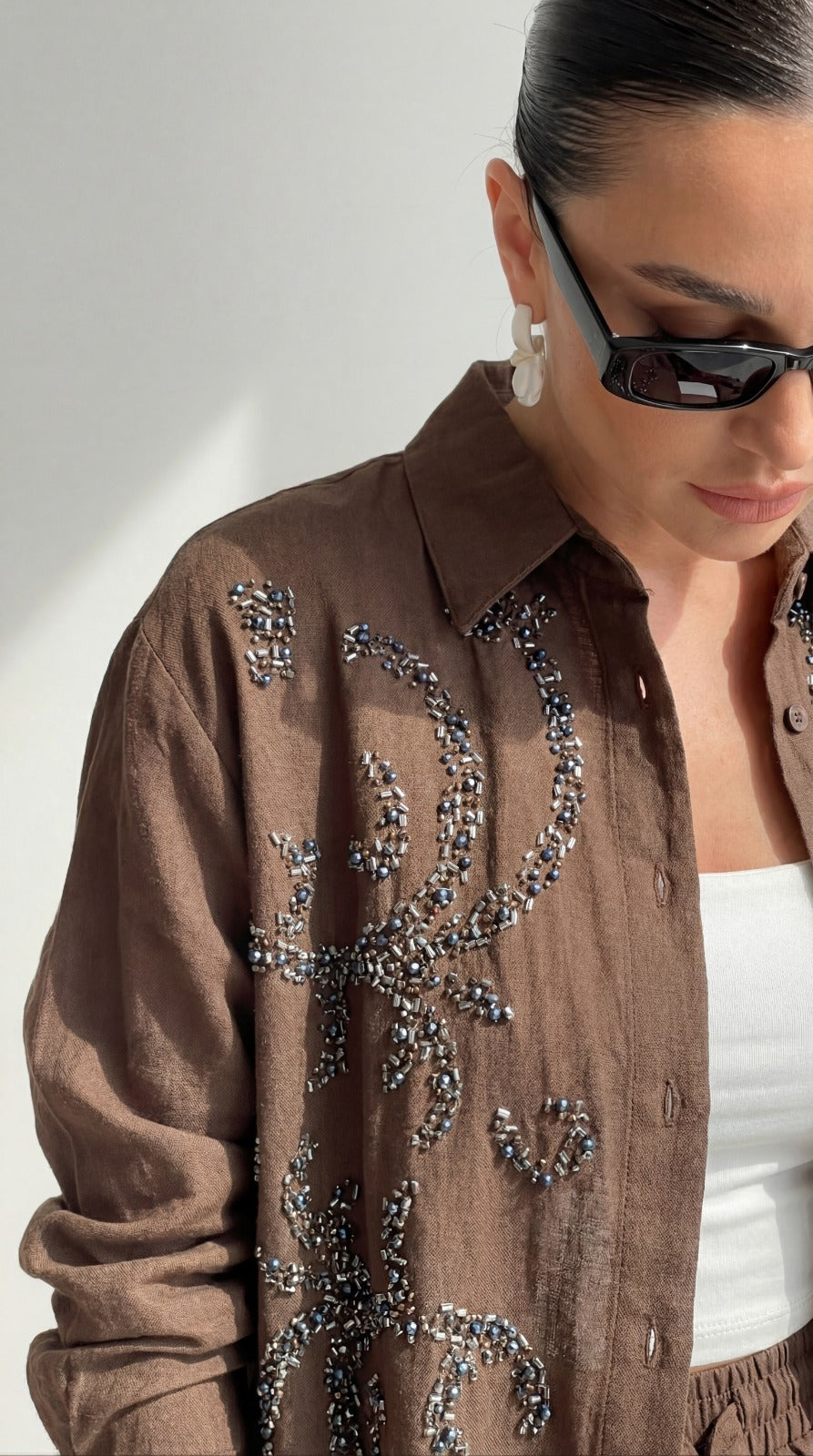 Brown Embellished with sewn rhinestones Relaxed Co-Ord Set