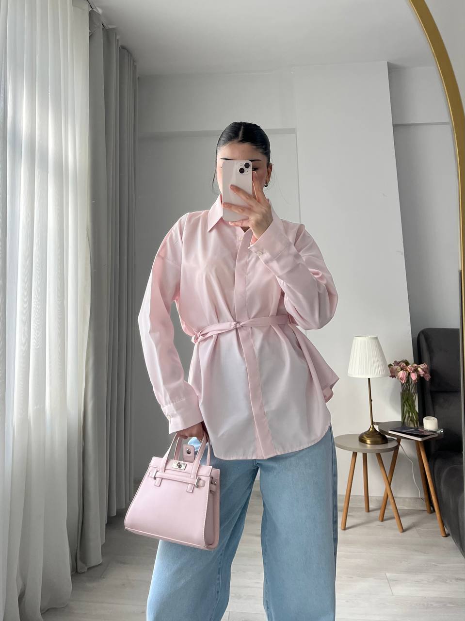 Dusty pink belt Detailed oversized women shirt