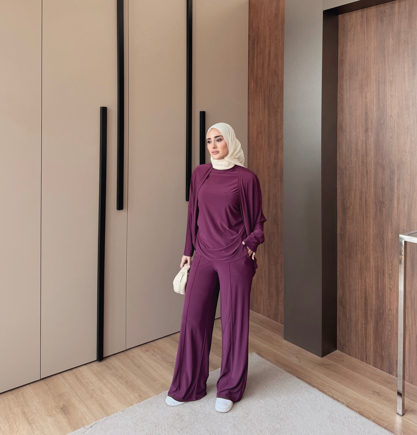 Three pieces stretch cotton fabric set - Aubergine