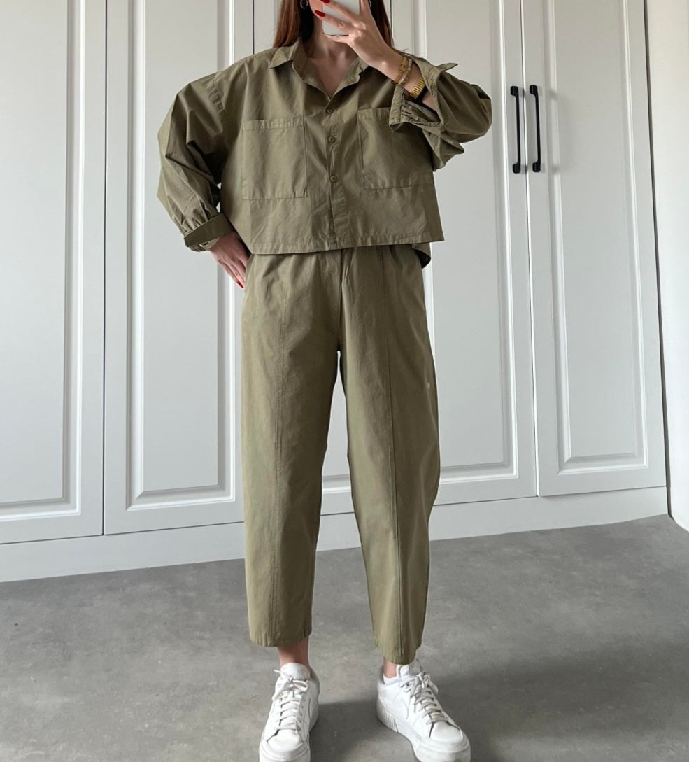 Two-pocket shirt elastic pants summer canvas co-ord set