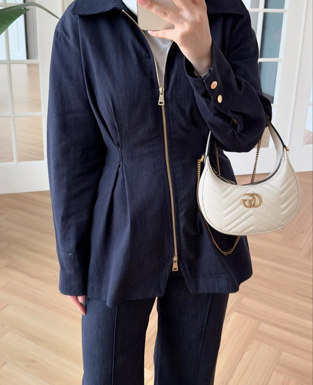 Gold zipper denim jacket, straight trouser co-ord set