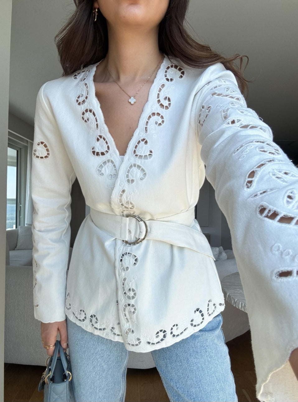 Belted Jacket with openwork embroidery