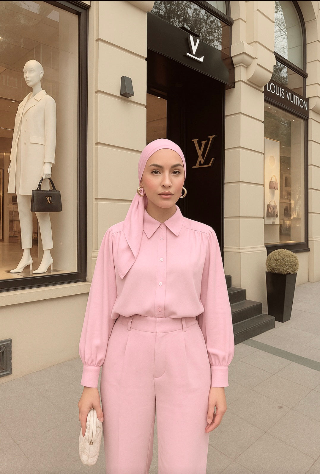 Oversized puff shoulder shirt and wide pants