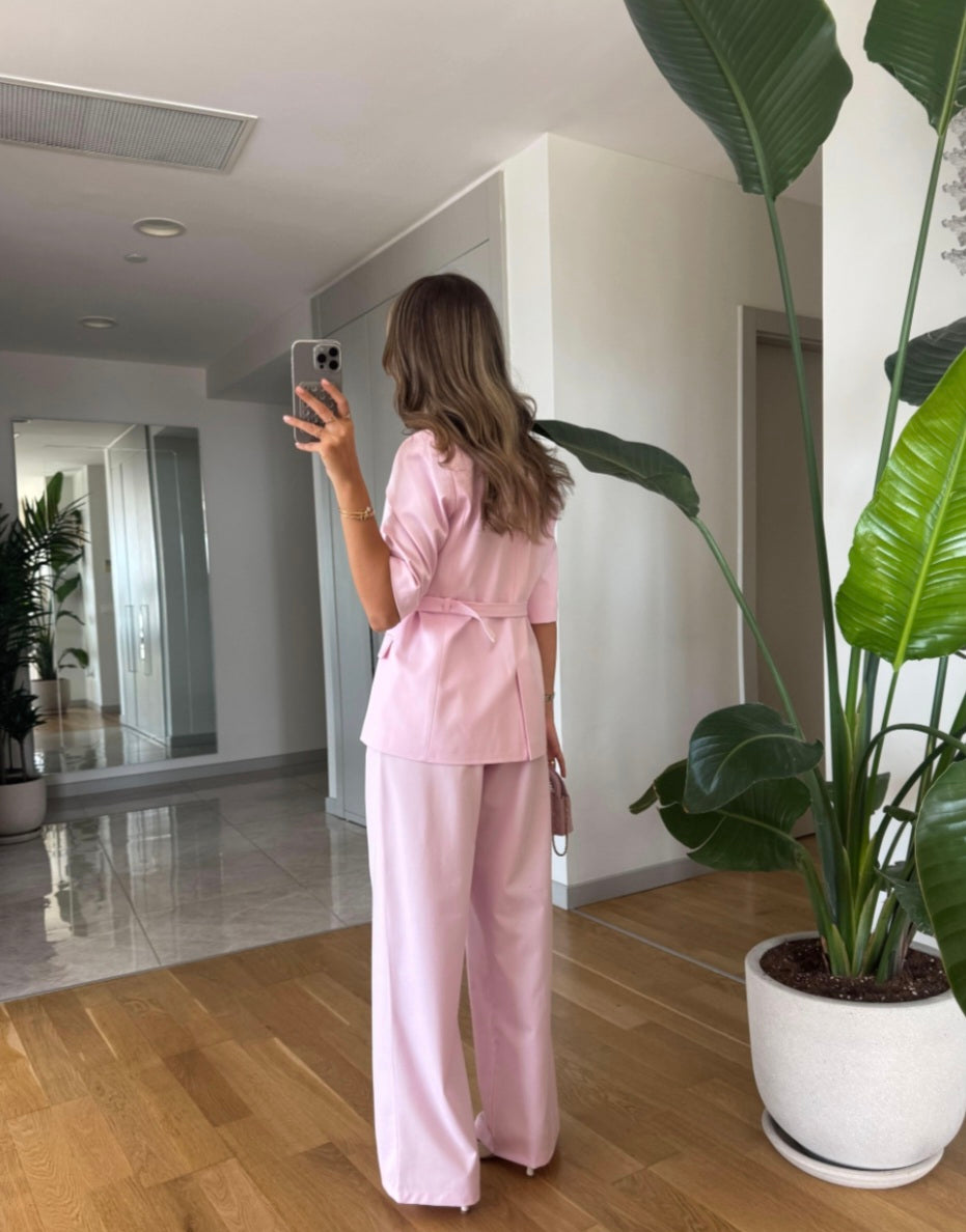 Short sleeve belted blazer, straight leg trouser suit
