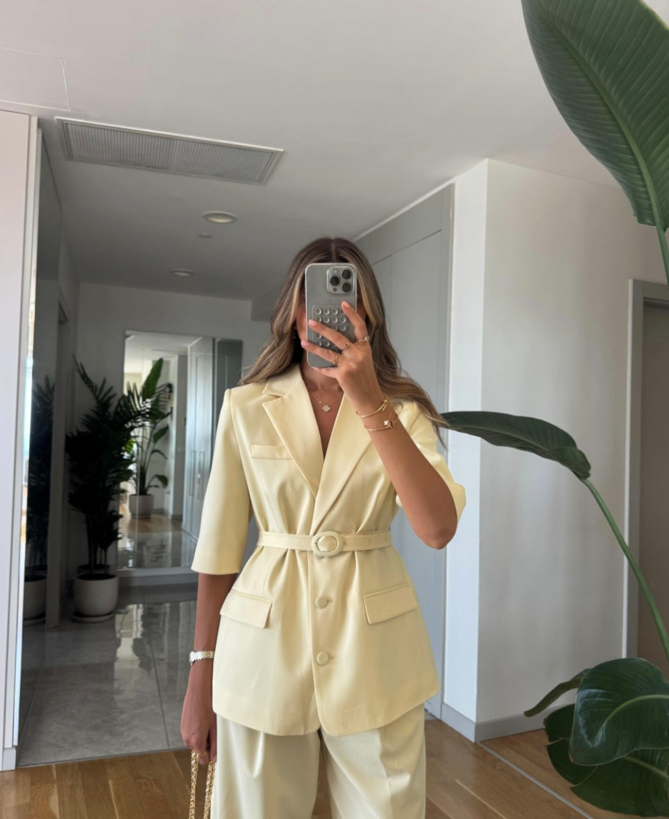 Short sleeve belted blazer, straight leg trouser suit