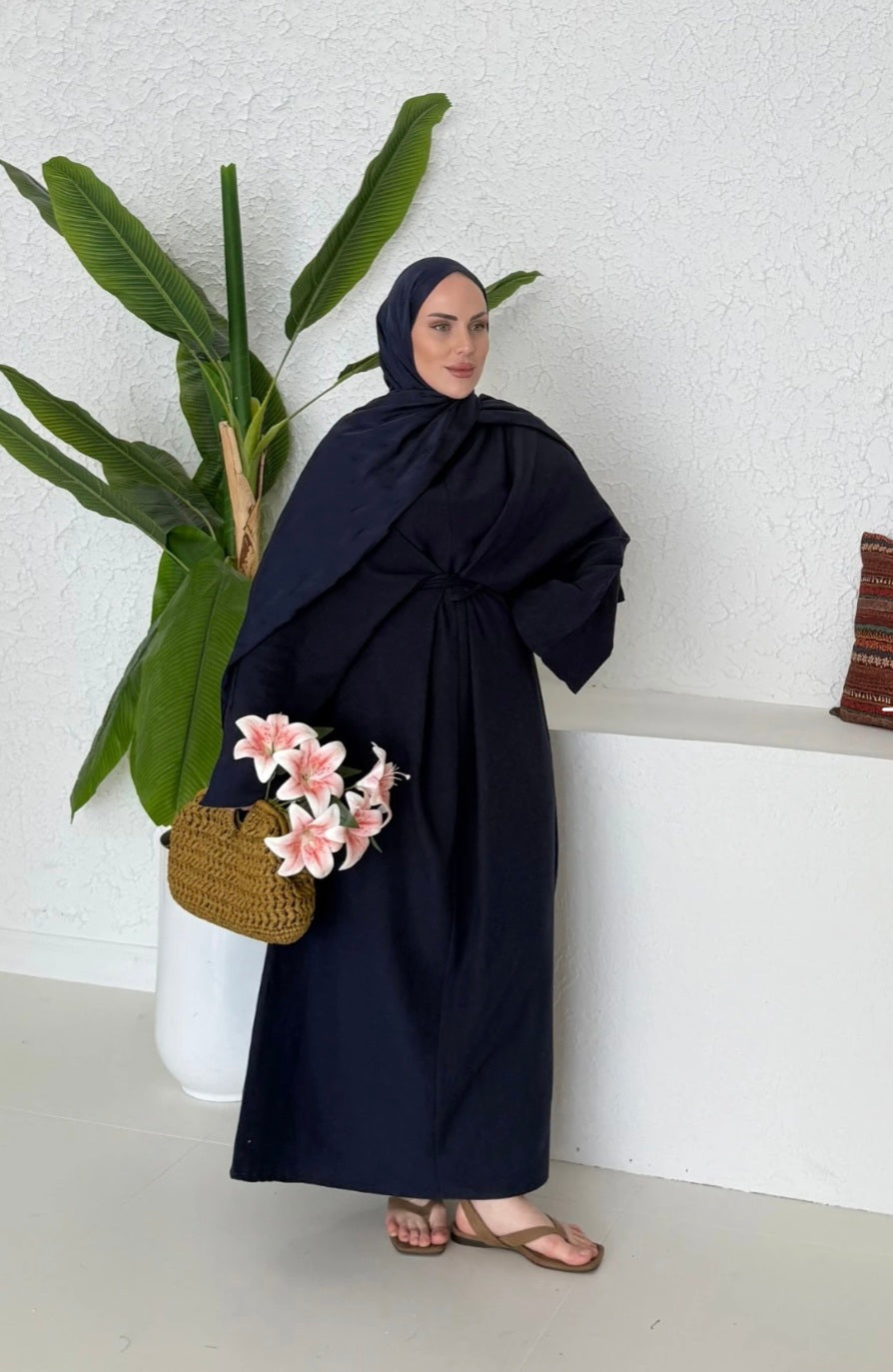 Wide sleeve belted linen dress