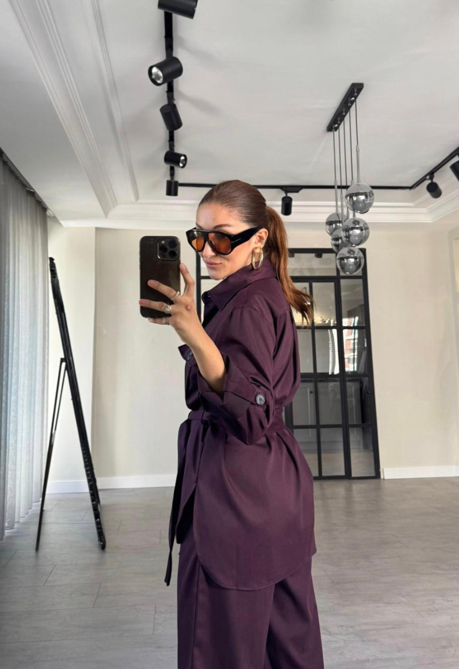 Belted Shirt with pocket ,roll-up sleeves ,elastic waistband straight leg pants co-ord set