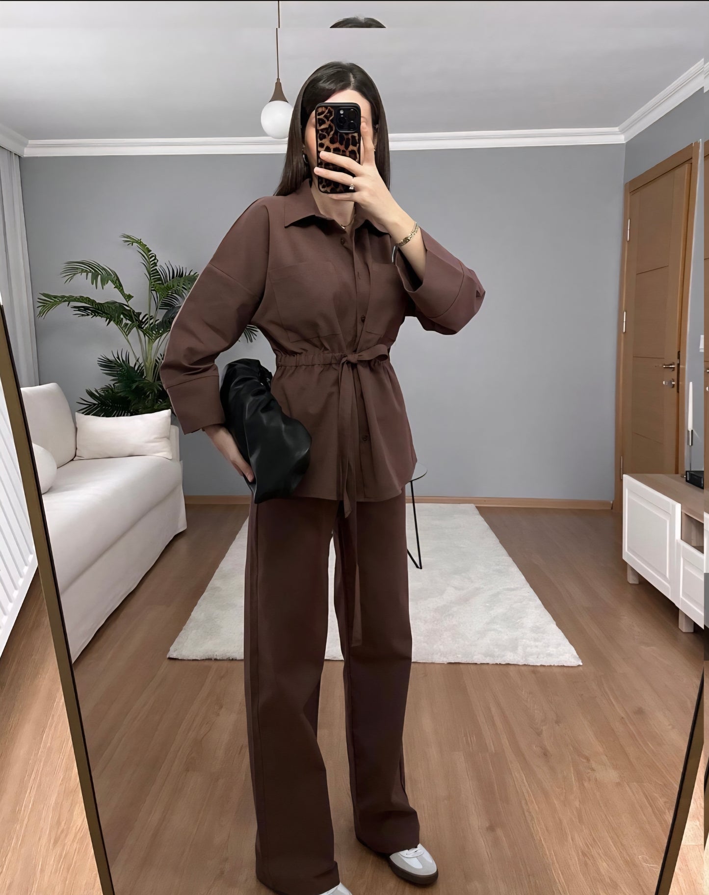 Wide sleeve belted shirt with elastic waistband trouser gabardine co-ord set