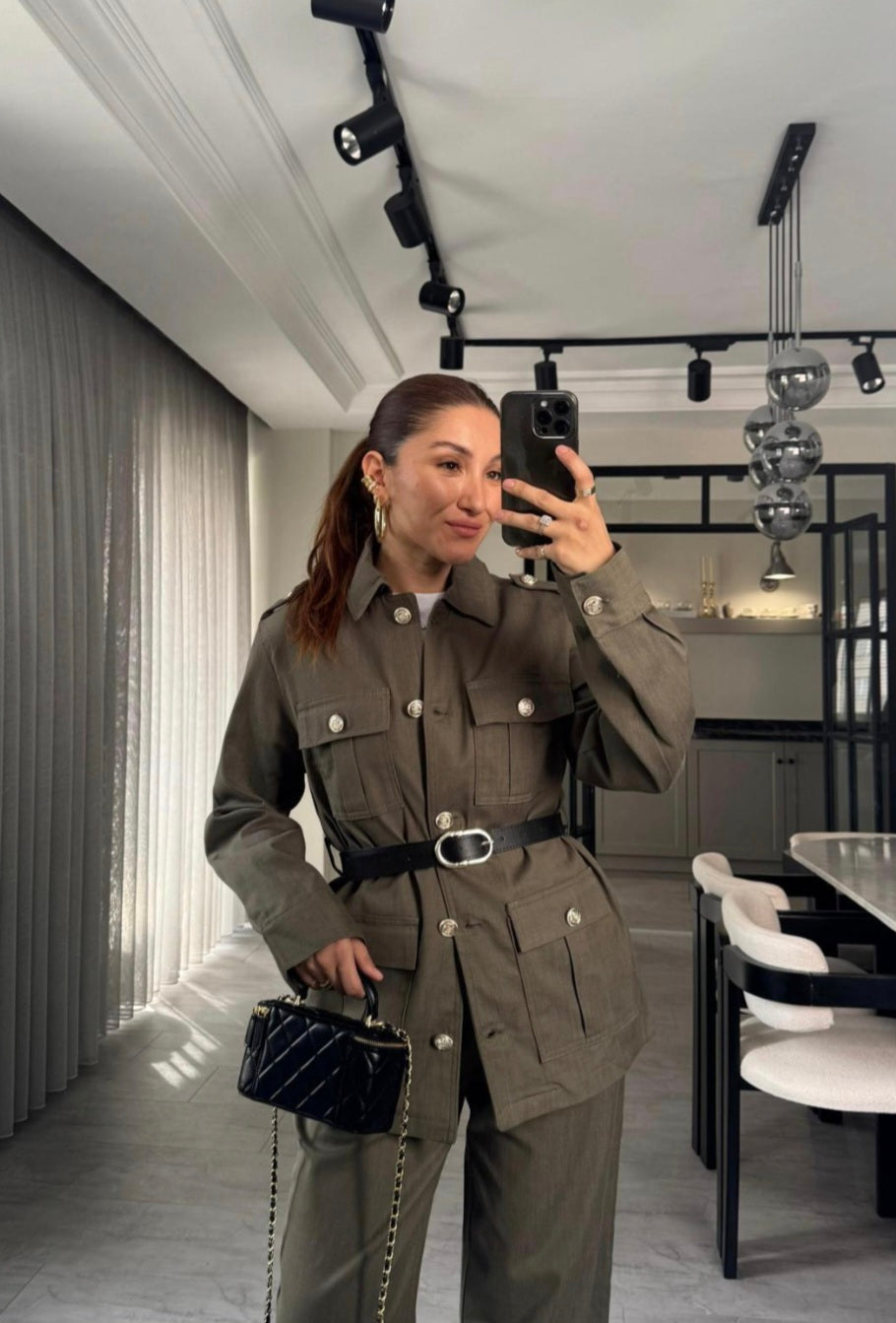 Belted double Pocket jeans suit