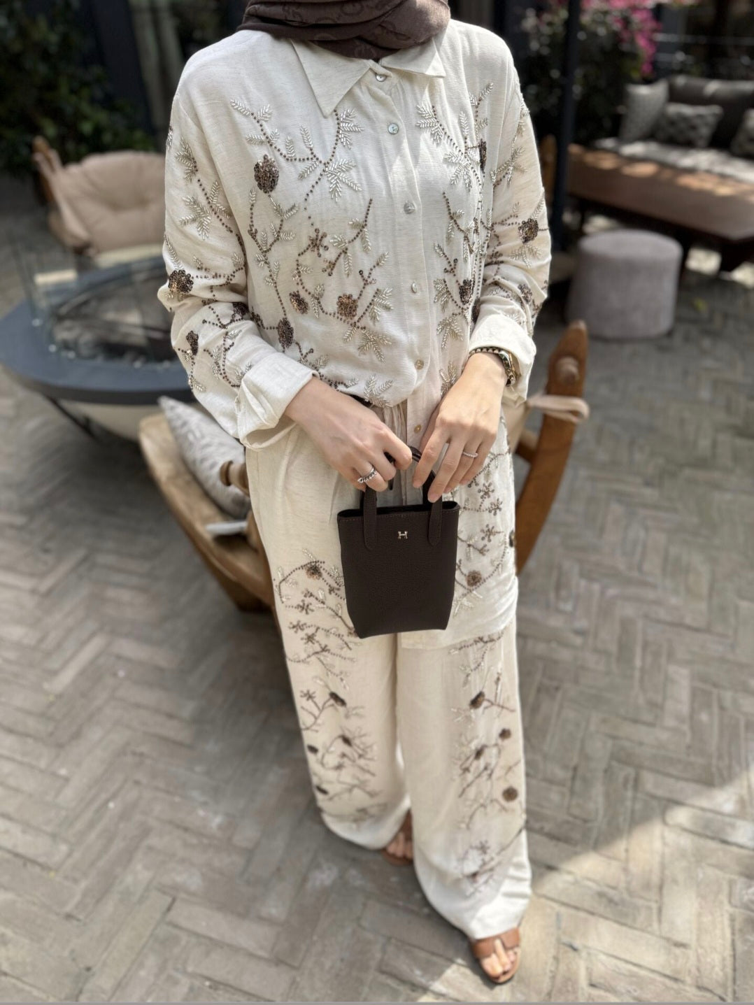 Linen Embellished with sewn rhinestones Co-Ord Set