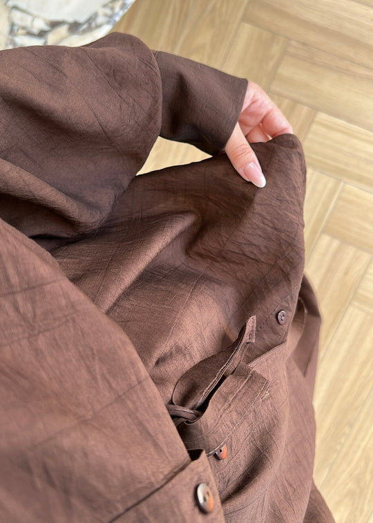 Oversized shirt with belt, waistband straight leg trouser co-ord set - brown