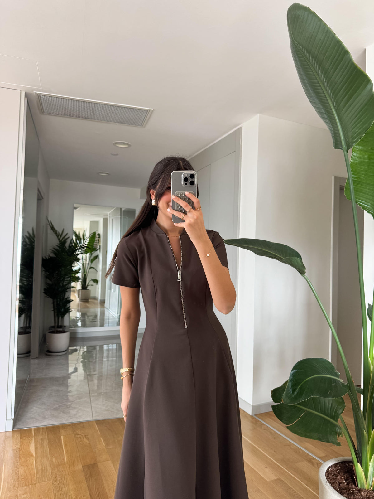half zipper short sleevedress- brown