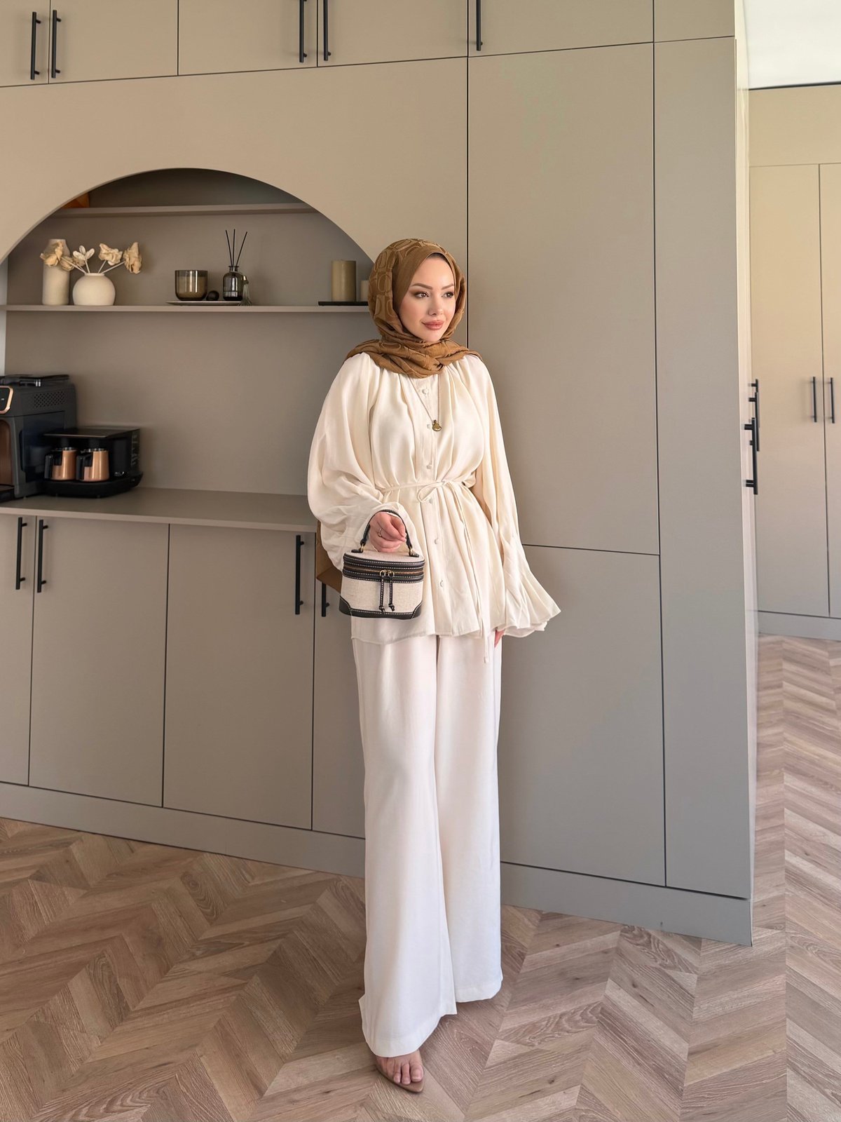 Ruffles sleeves with pleats shirt, waistband straight leg trouser set- beige