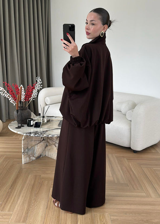 Oversized bomber with wide leg trouser co-ord set- brown
