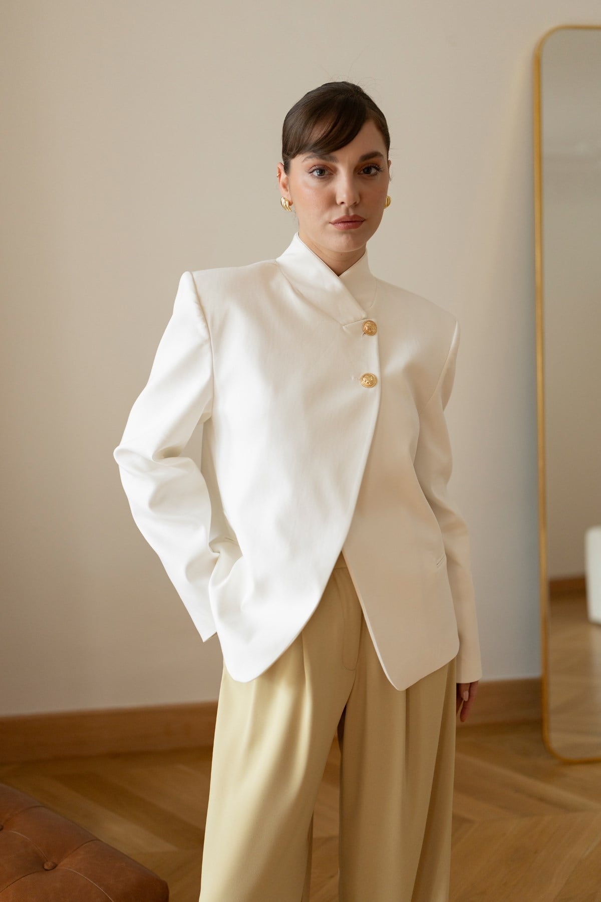 White Asymmetrical Jacket with Gold Button Details