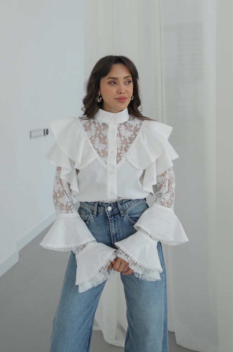 White Ruffled Shirt with Lace Details
