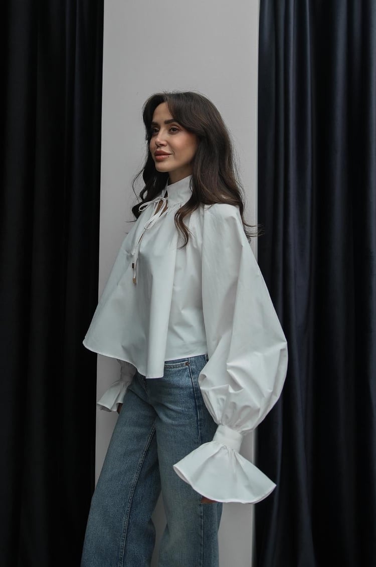 White Shirt with Tie Collar Detail