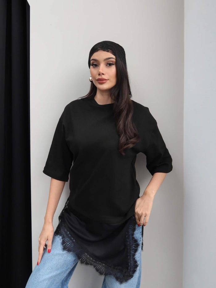 Crew Neck T-shirt with Lace Detail - black